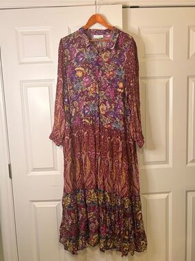 Anthropologie Nikole Maxi Shirt Dress Purple Pink Paisley Long Sleeve Boho